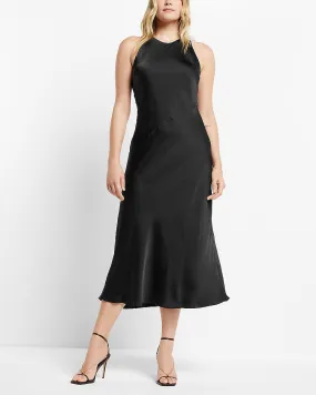 Satin High Neck Slip Midi Dress in Pitch Black