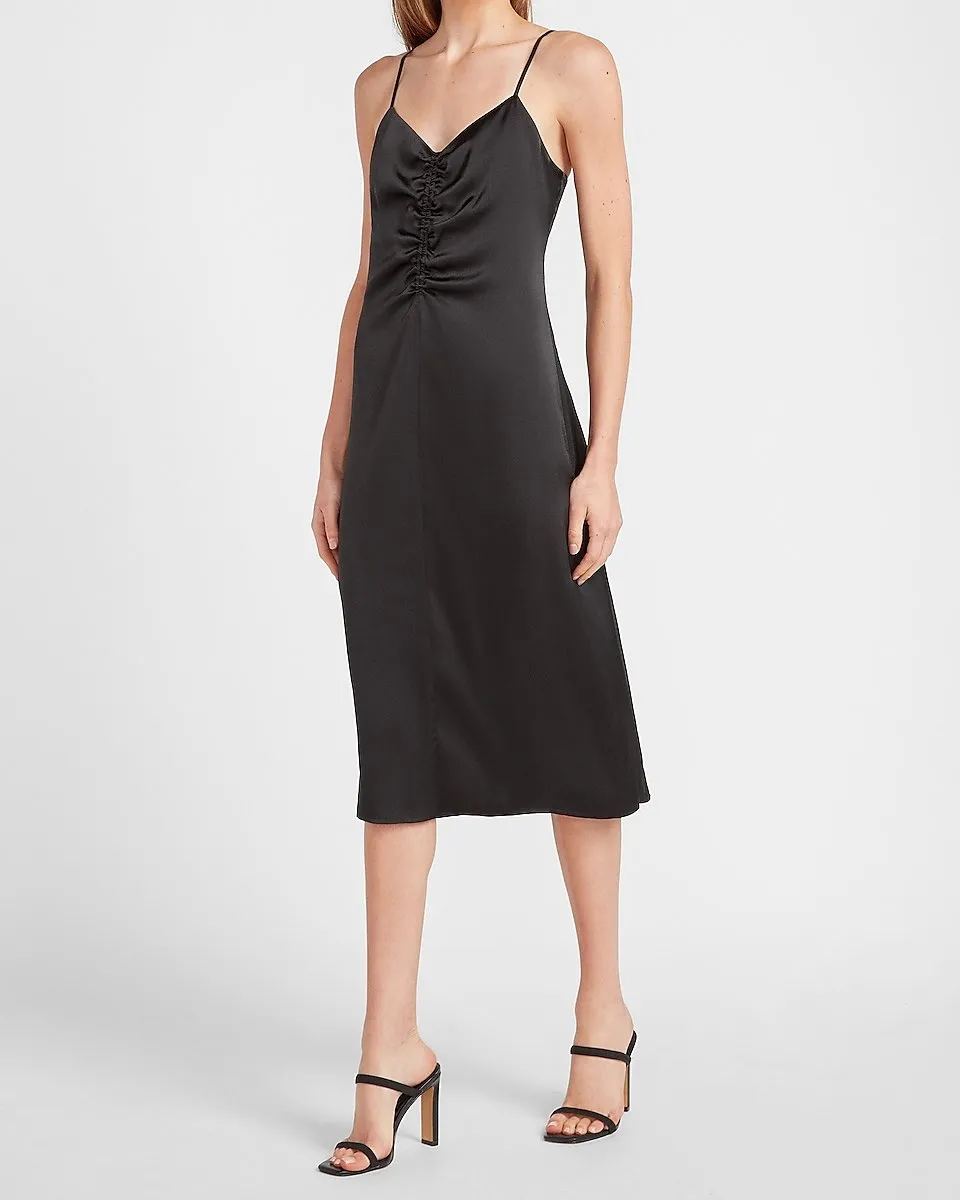 Satin Ruched Front Slip Dress in Pitch Black