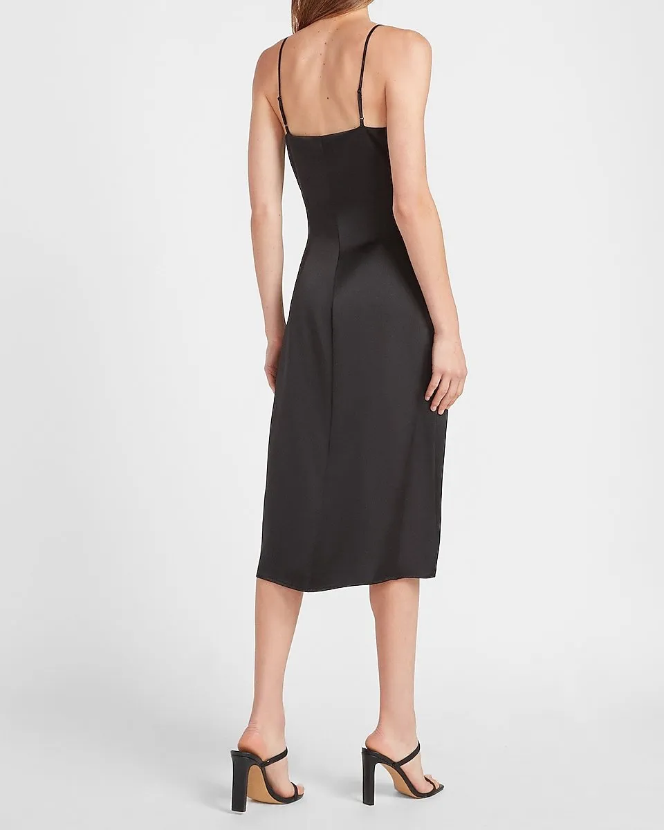 Satin Ruched Front Slip Dress in Pitch Black