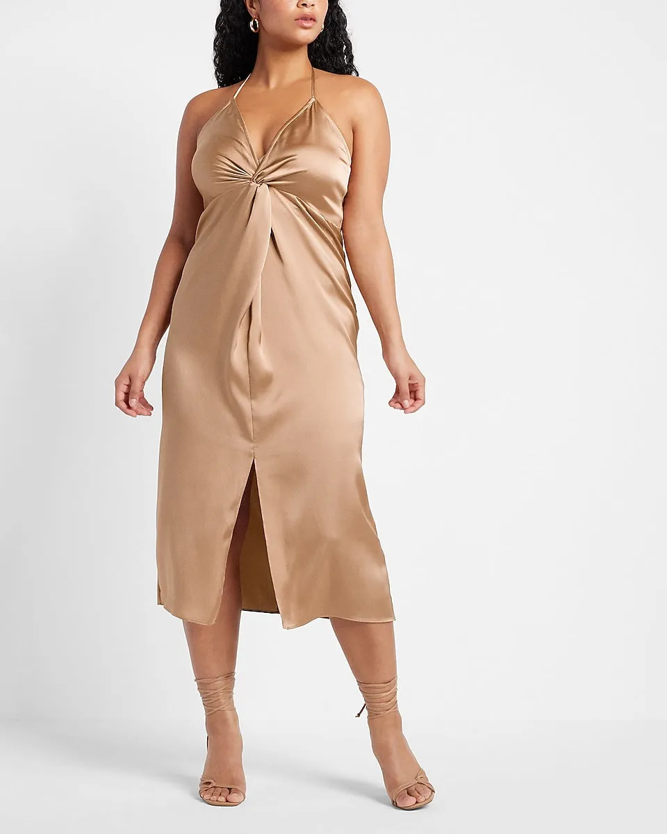 Satin Twist Front Slip Dress in Pecan