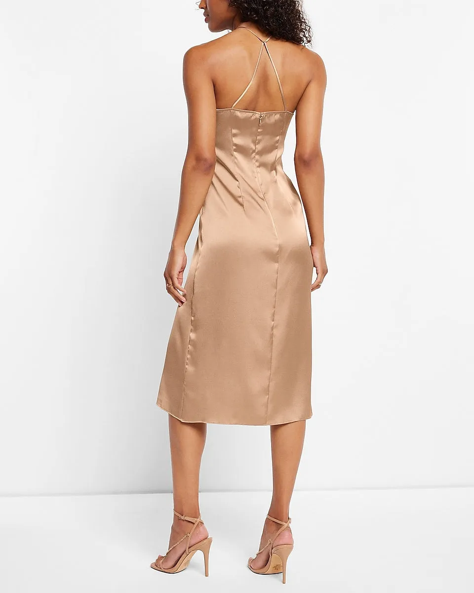 Satin Twist Front Slip Dress in Pecan