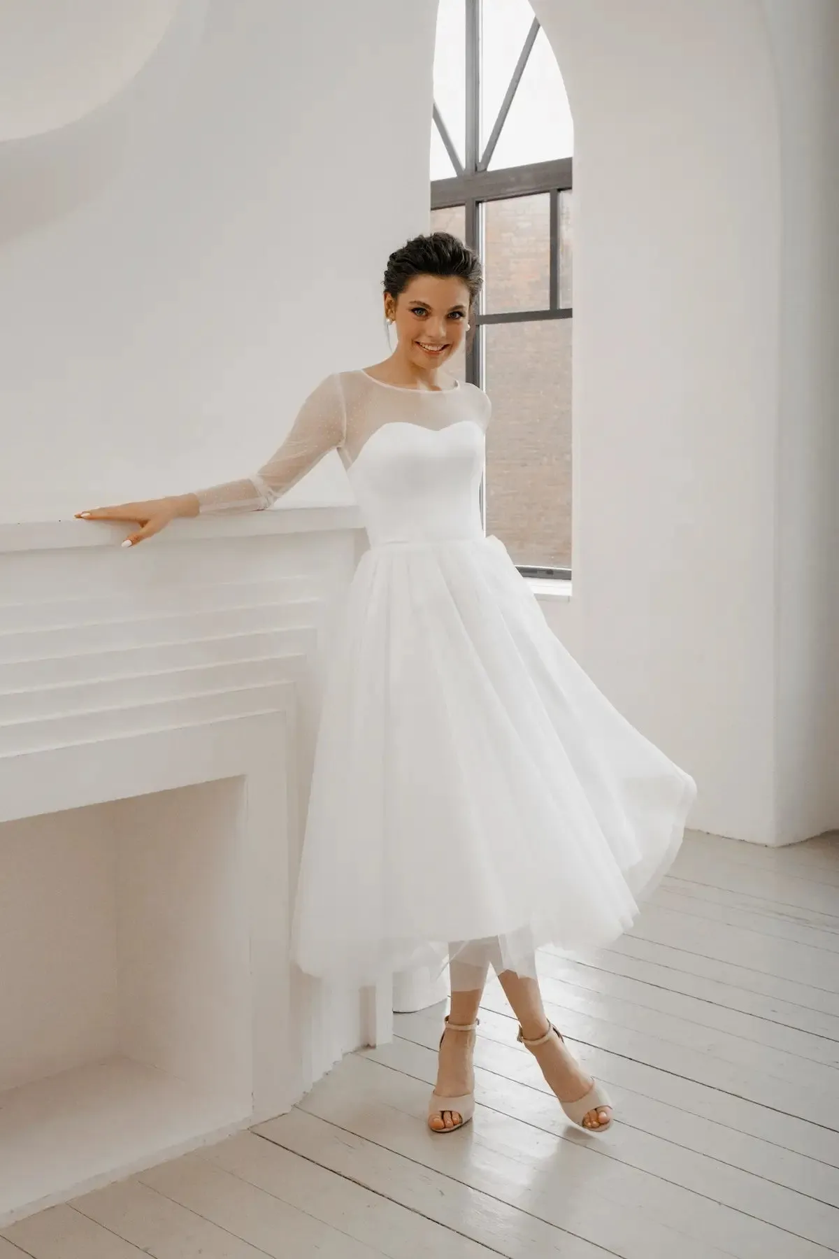 Satin White Midi Wedding Dress With Illlusion Back