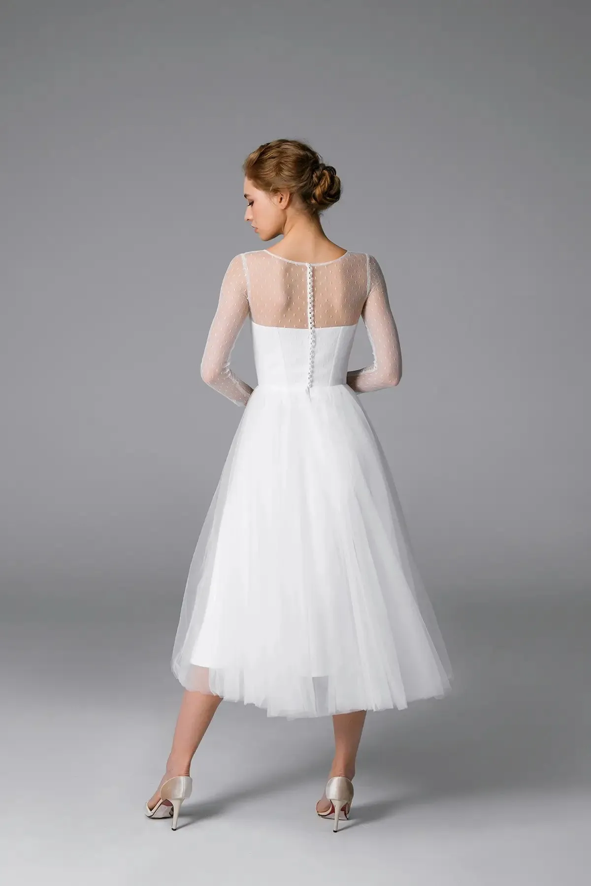 Satin White Midi Wedding Dress With Illlusion Back