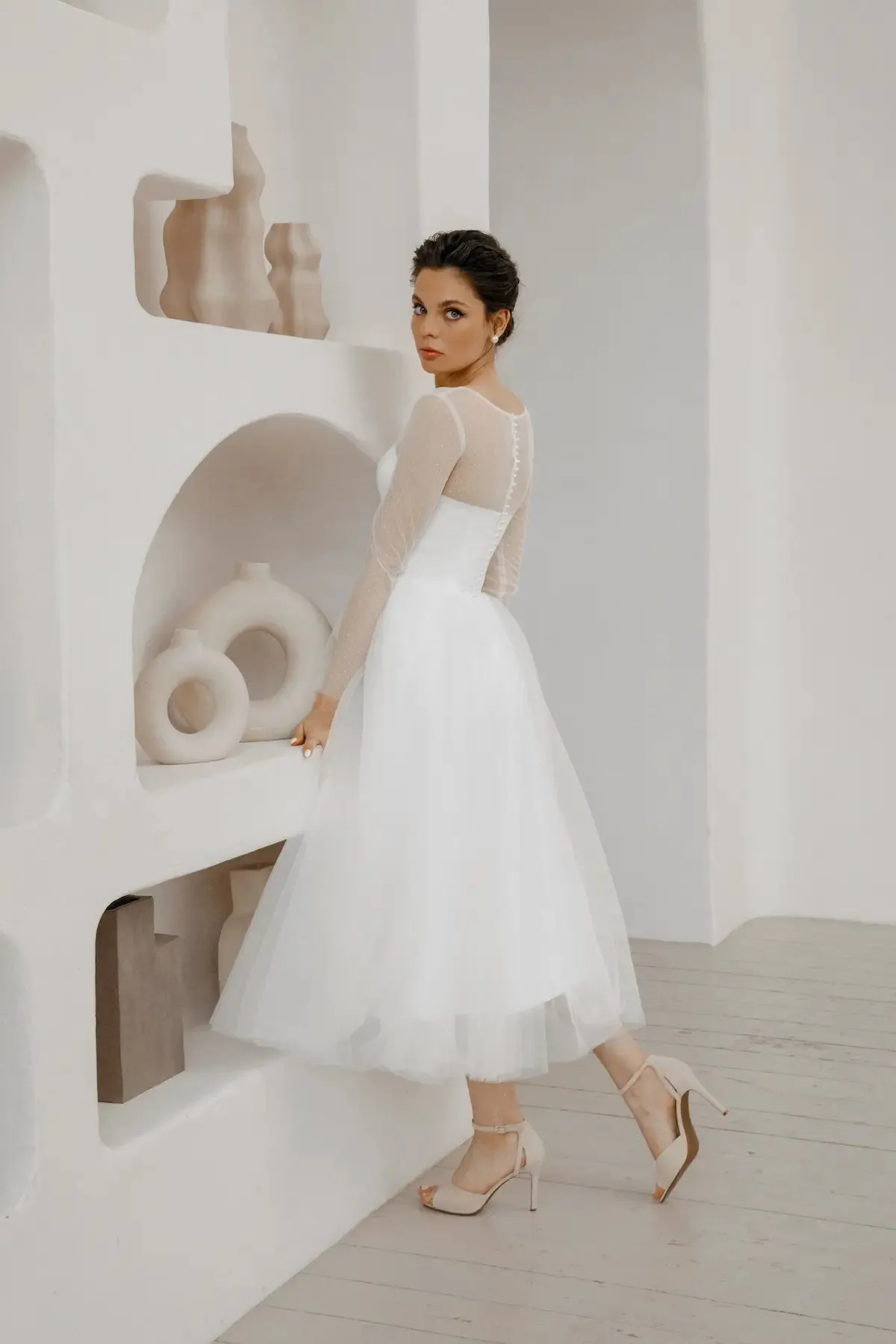 Satin White Midi Wedding Dress With Illlusion Back