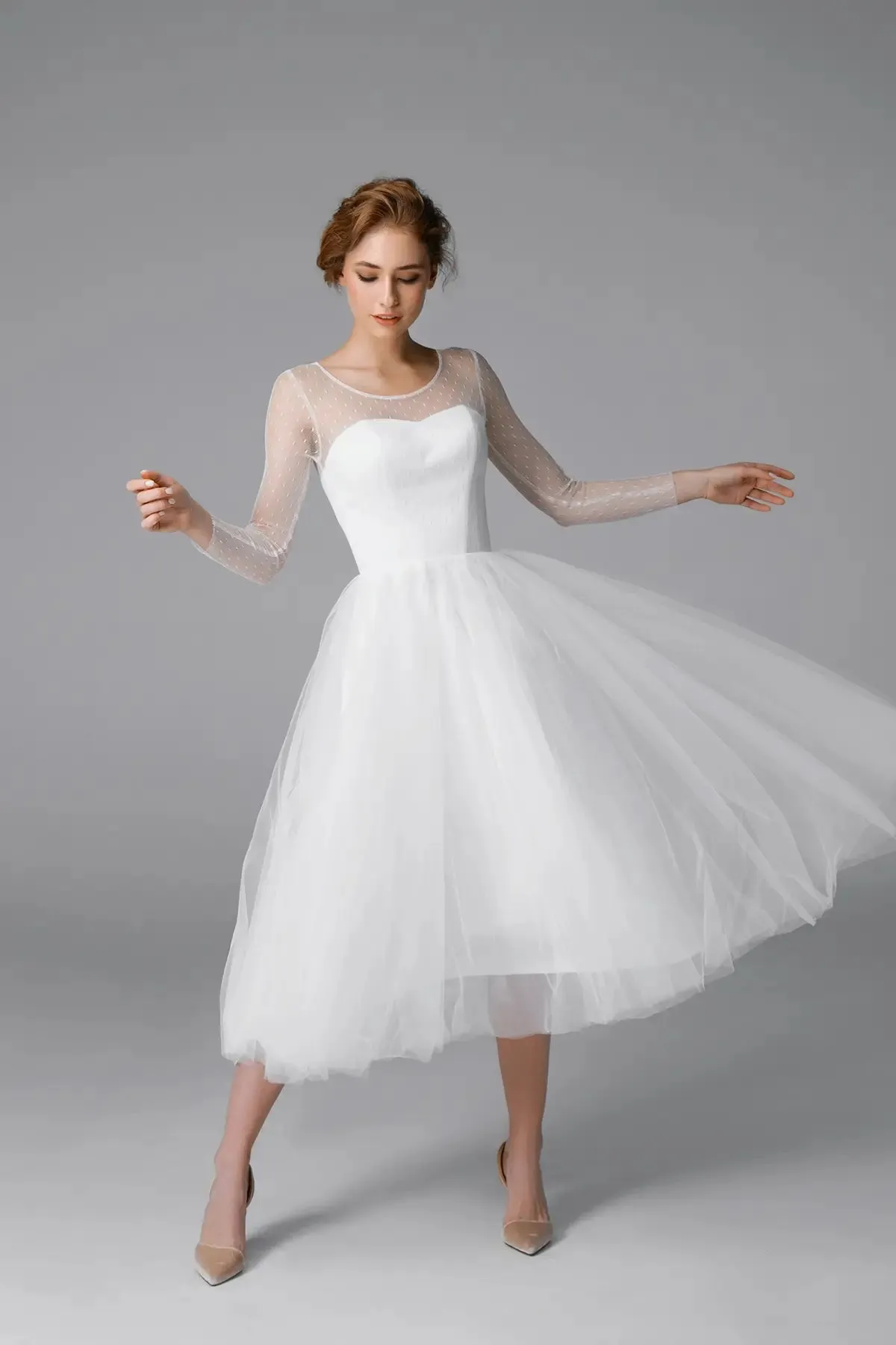 Satin White Midi Wedding Dress With Illlusion Back