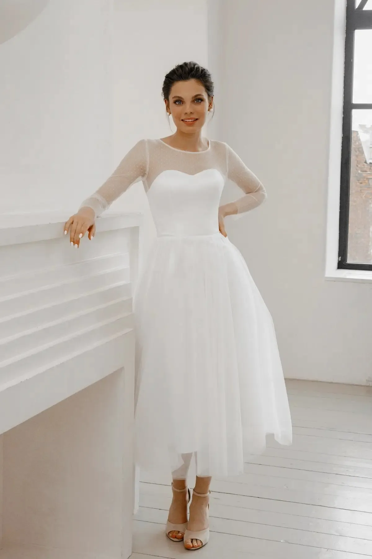 Satin White Midi Wedding Dress With Illlusion Back