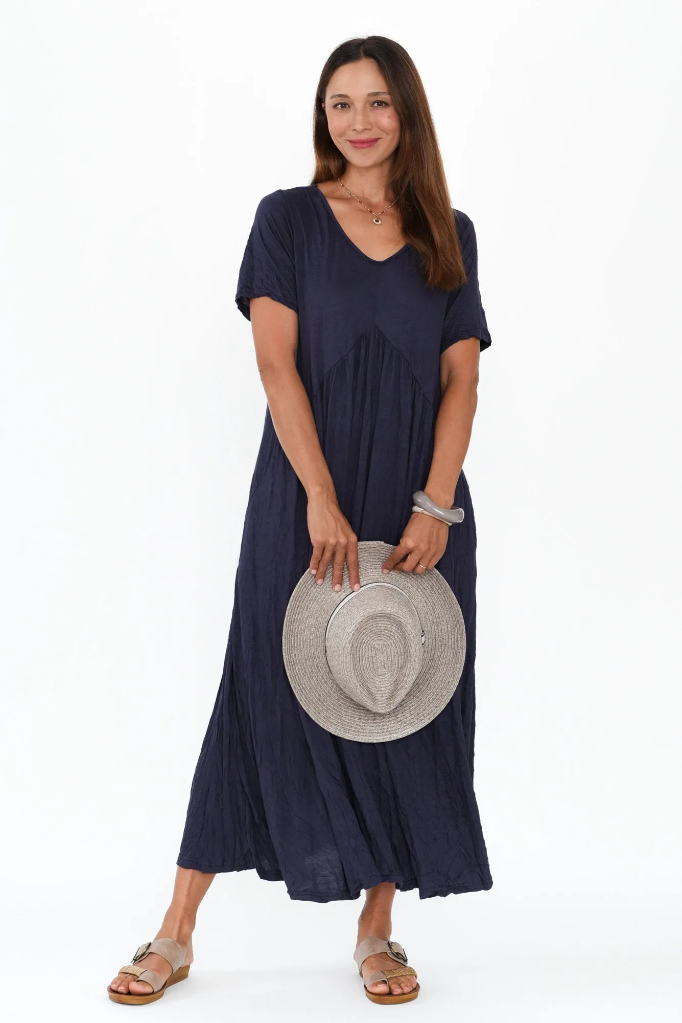 Savannah Dark Navy Crinkle Cotton Maxi Dress