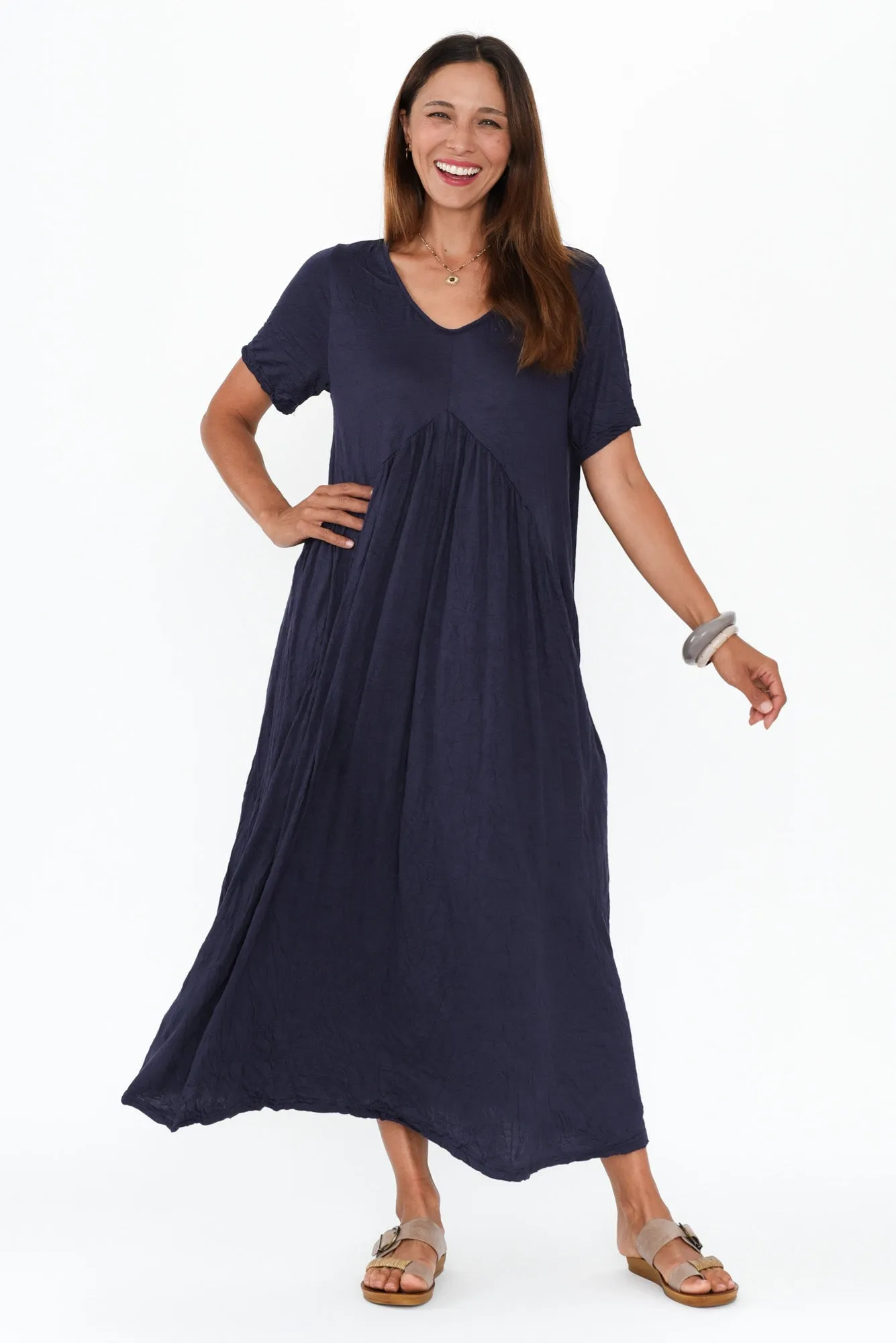 Savannah Dark Navy Crinkle Cotton Maxi Dress