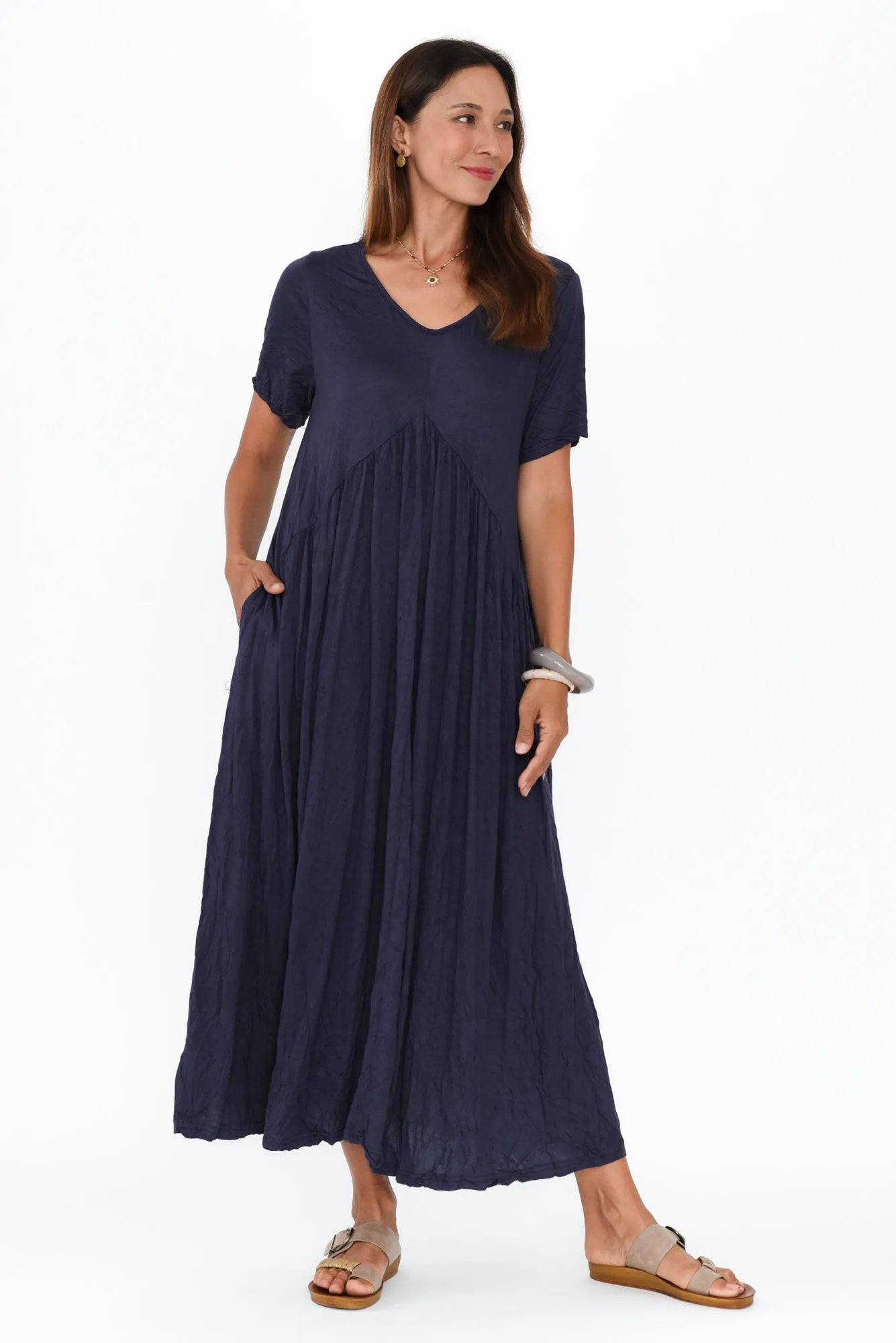 Savannah Dark Navy Crinkle Cotton Maxi Dress