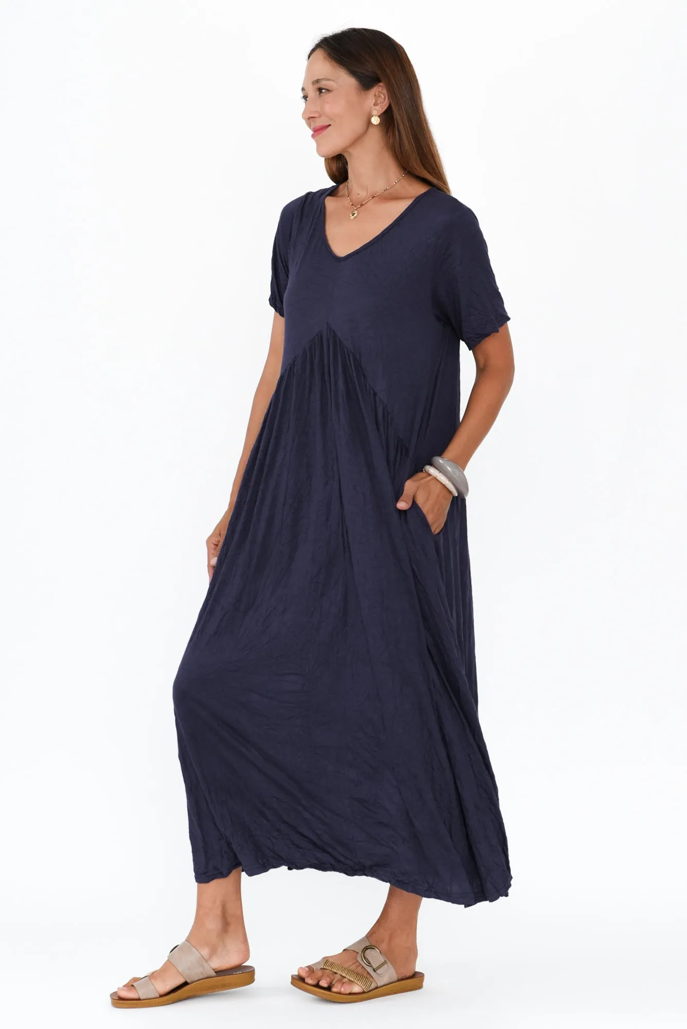 Savannah Dark Navy Crinkle Cotton Maxi Dress