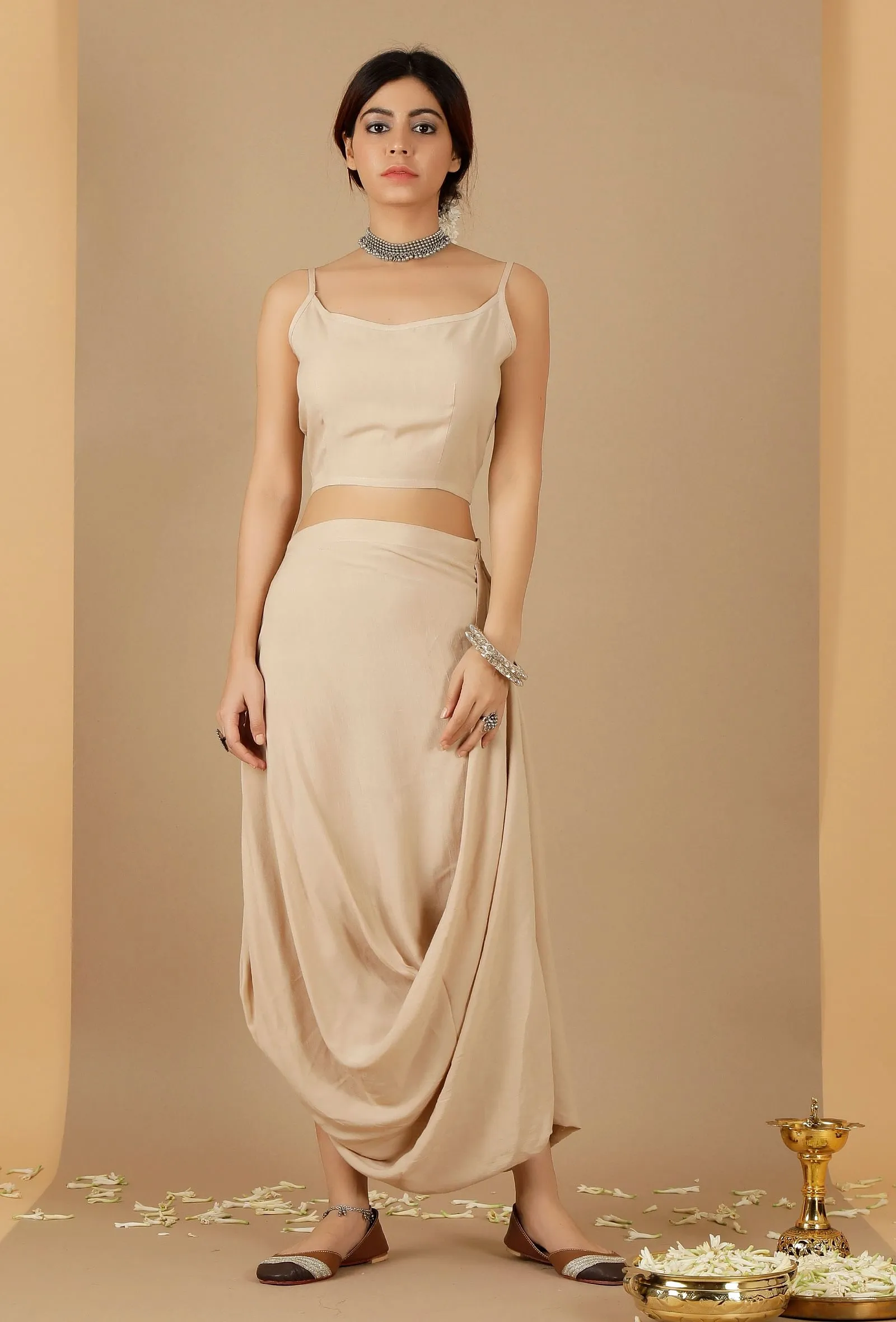 Set Of 2: Beige Plain Crop Top & Drape Skirt