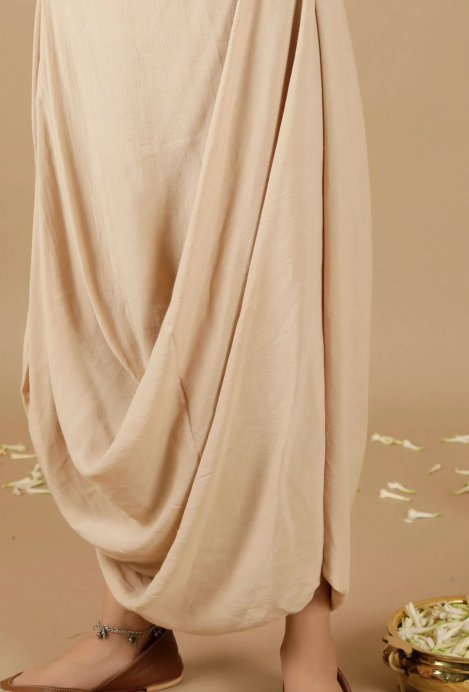 Set Of 2: Beige Plain Crop Top & Drape Skirt