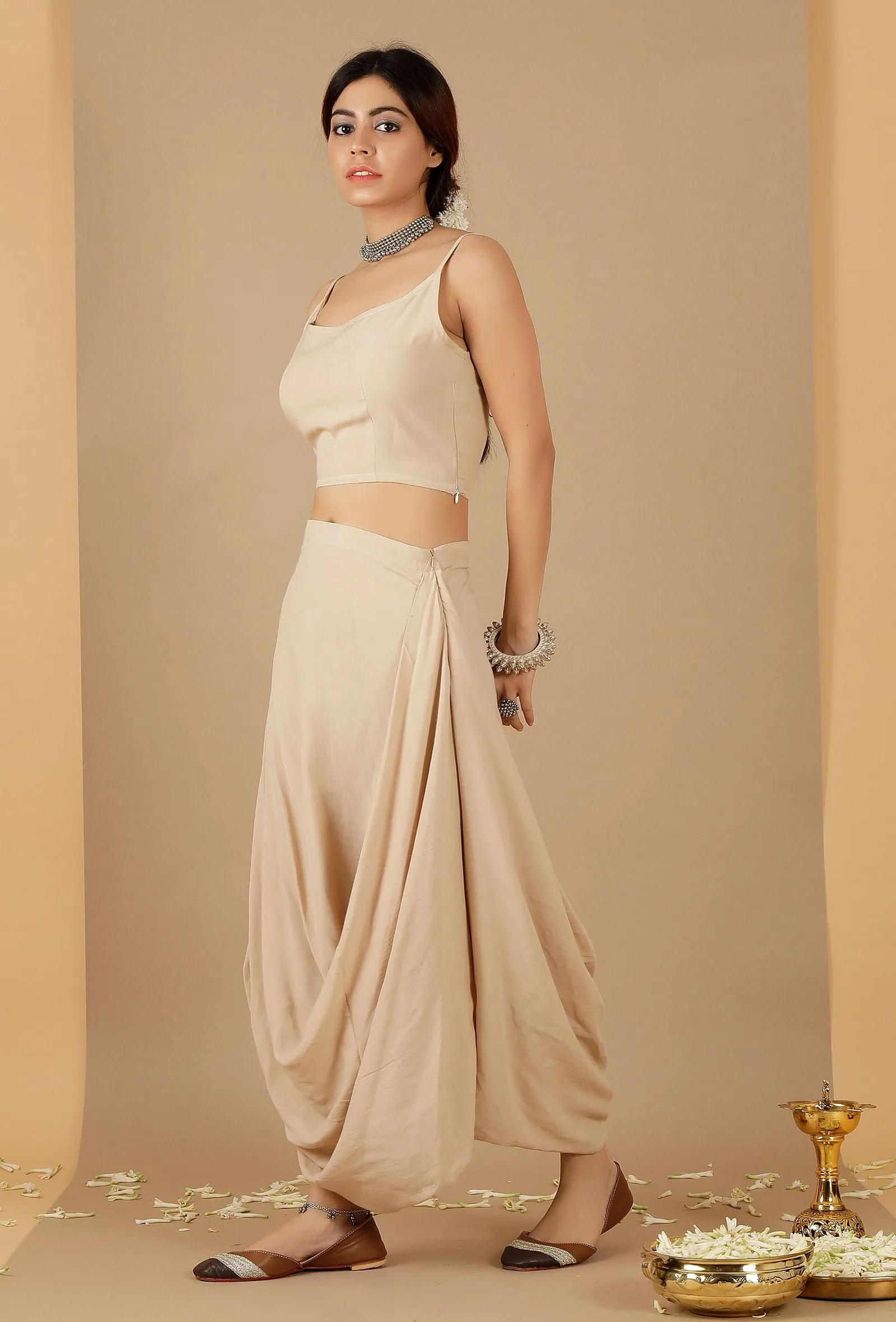 Set Of 2: Beige Plain Crop Top & Drape Skirt