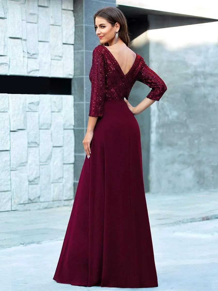 Sexy V Neck Sequin Evening Dresses with 3/4 Sleeve