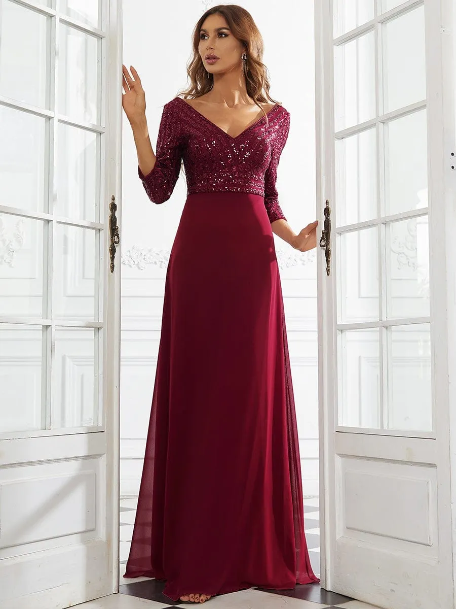 Sexy V Neck Sequin Evening Dresses with 3/4 Sleeve