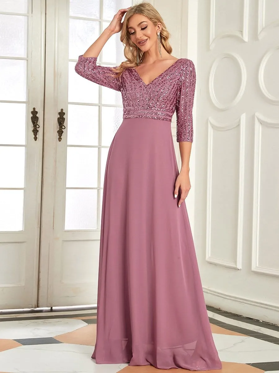 Sexy V Neck Sequin Evening Dresses with 3/4 Sleeve