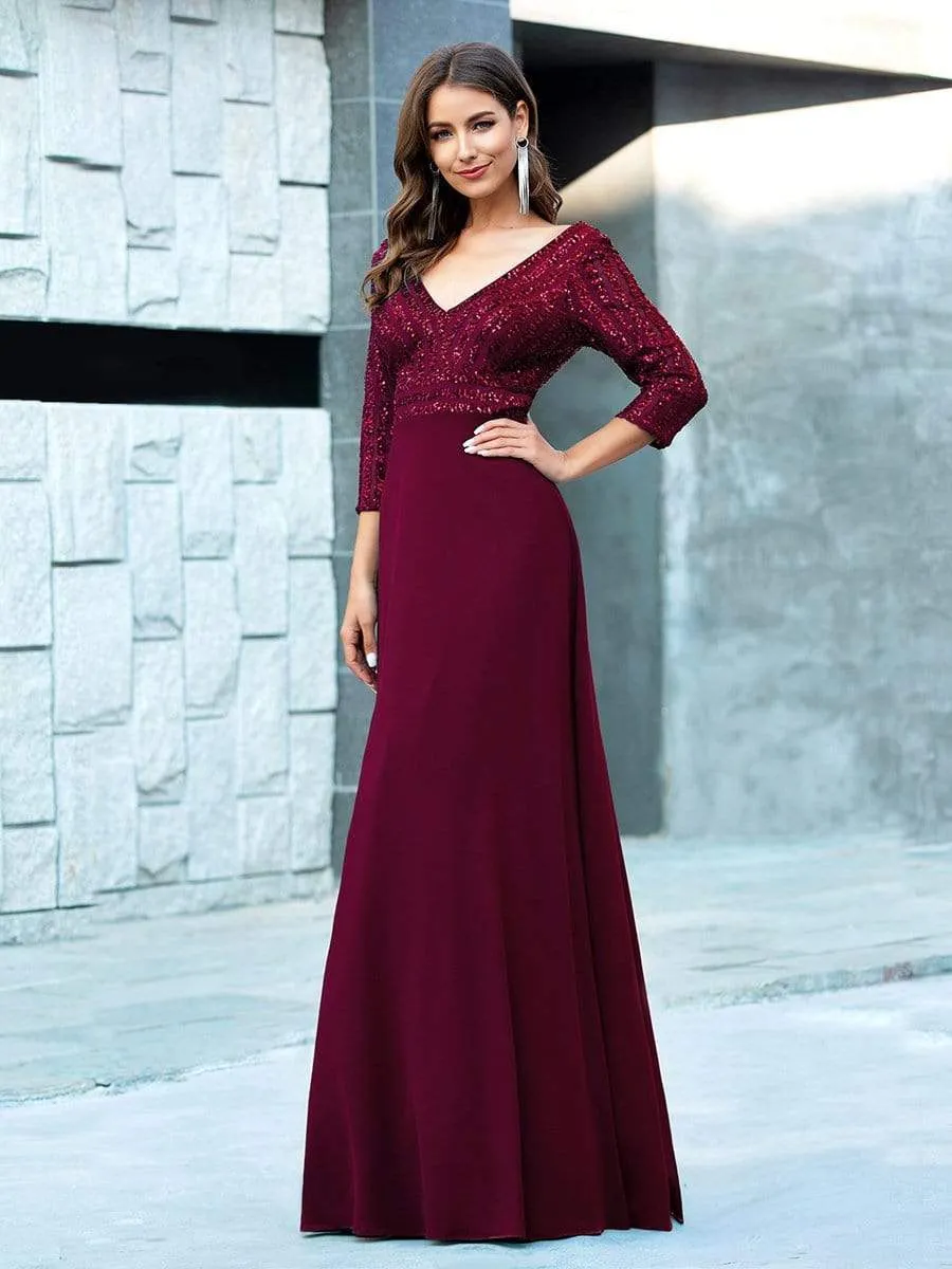 Sexy V Neck Sequin Evening Dresses with 3/4 Sleeve