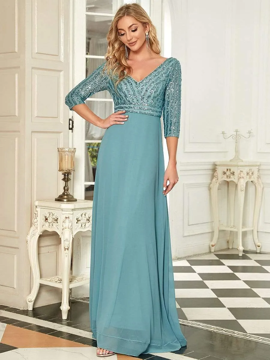 Sexy V Neck Sequin Evening Dresses with 3/4 Sleeve