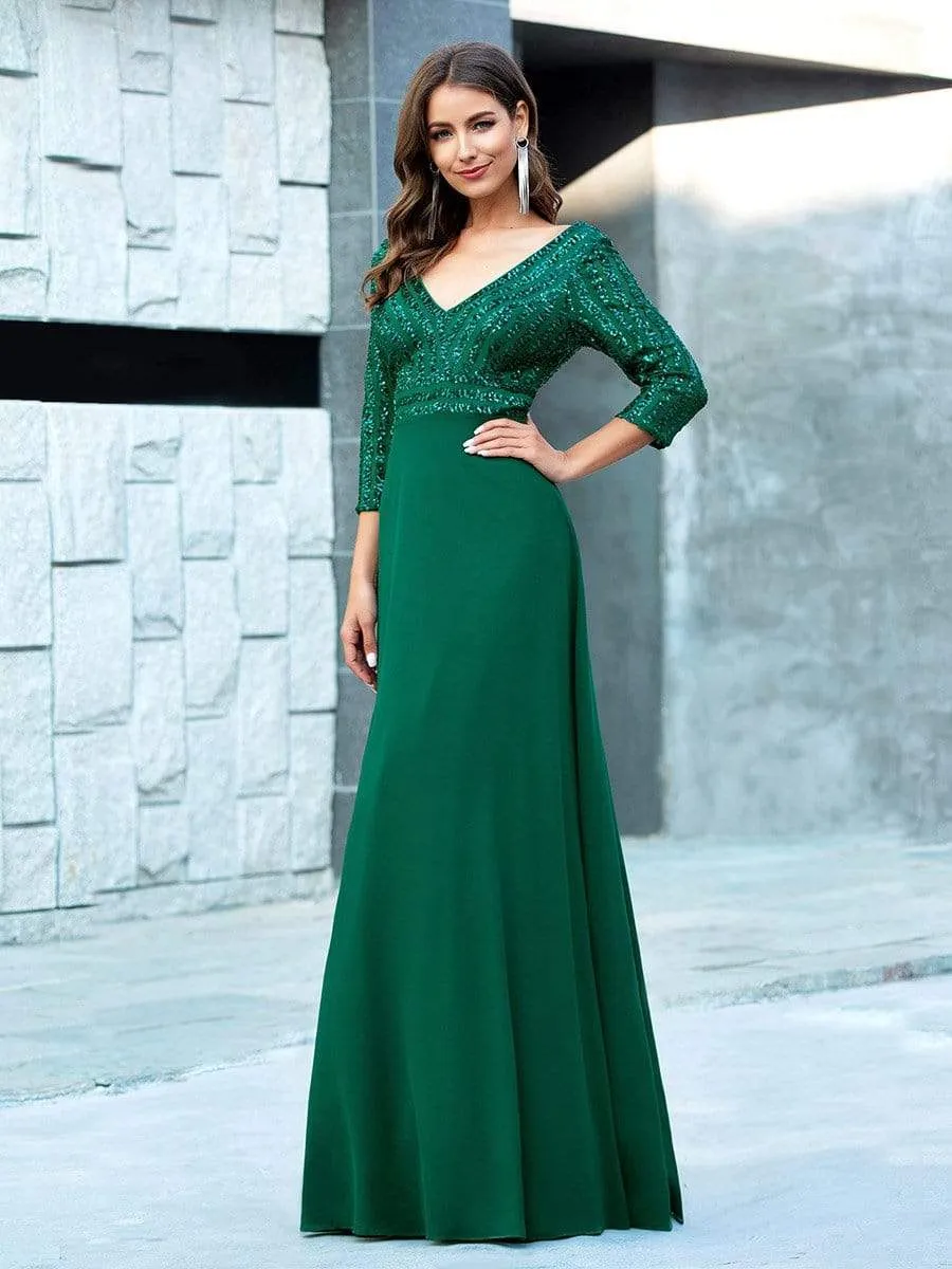 Sexy V Neck Sequin Evening Dresses with 3/4 Sleeve