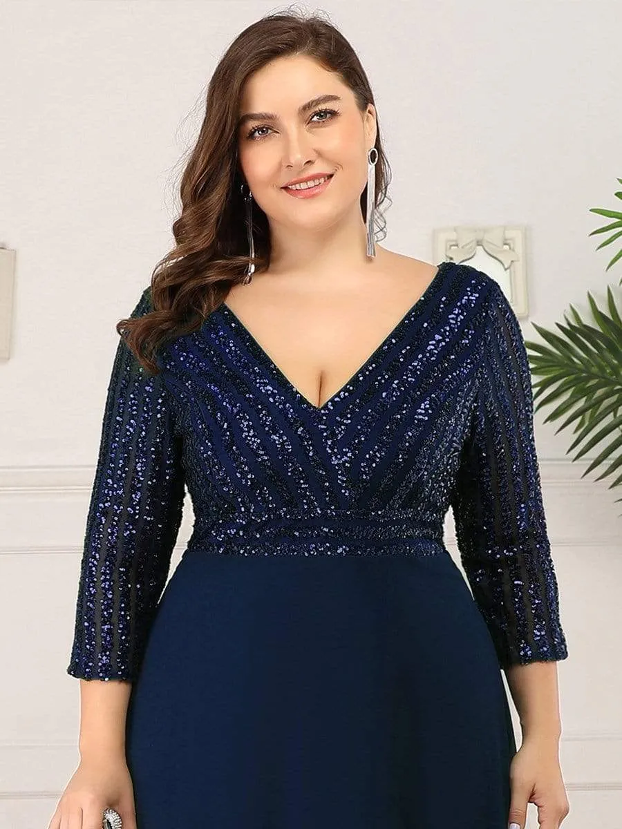 Sexy V Neck Sequin Evening Dresses with 3/4 Sleeve