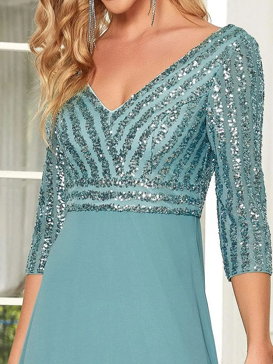 Sexy V Neck Sequin Evening Dresses with 3/4 Sleeve