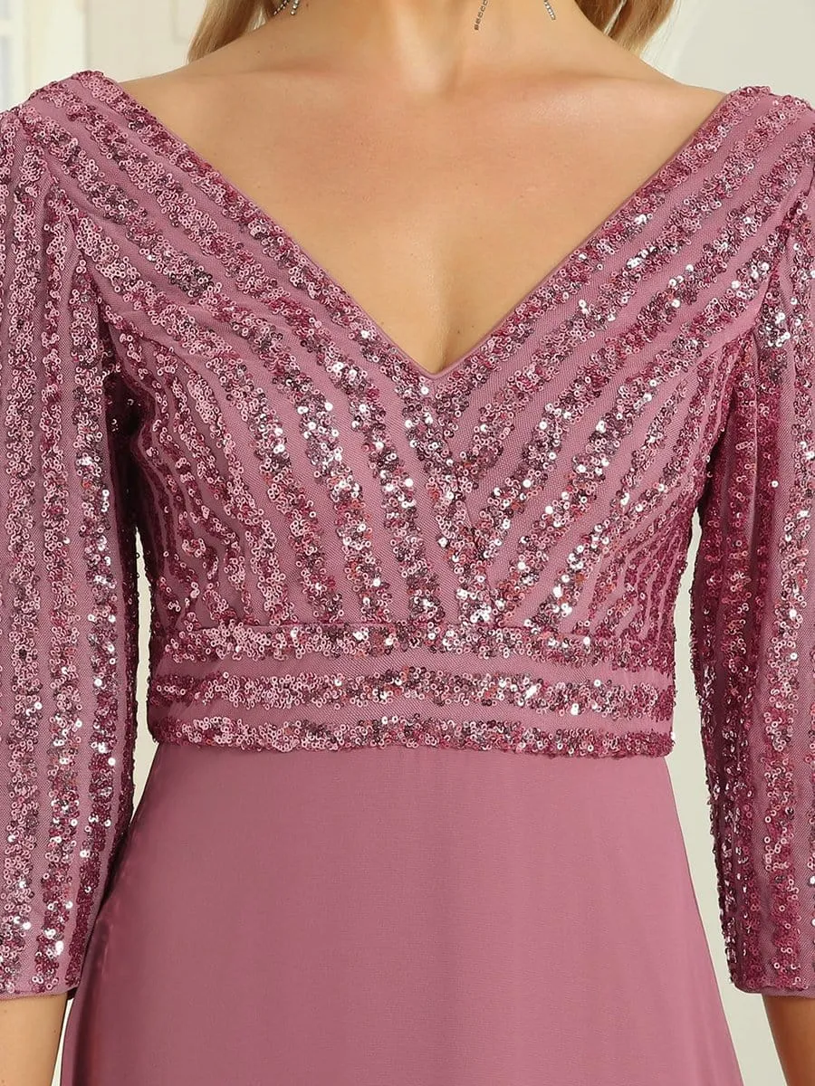 Sexy V Neck Sequin Evening Dresses with 3/4 Sleeve