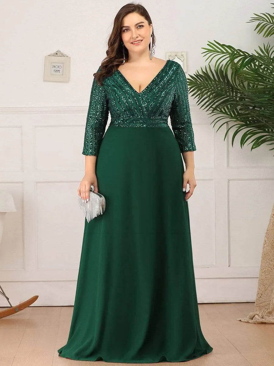 Sexy V Neck Sequin Evening Dresses with 3/4 Sleeve