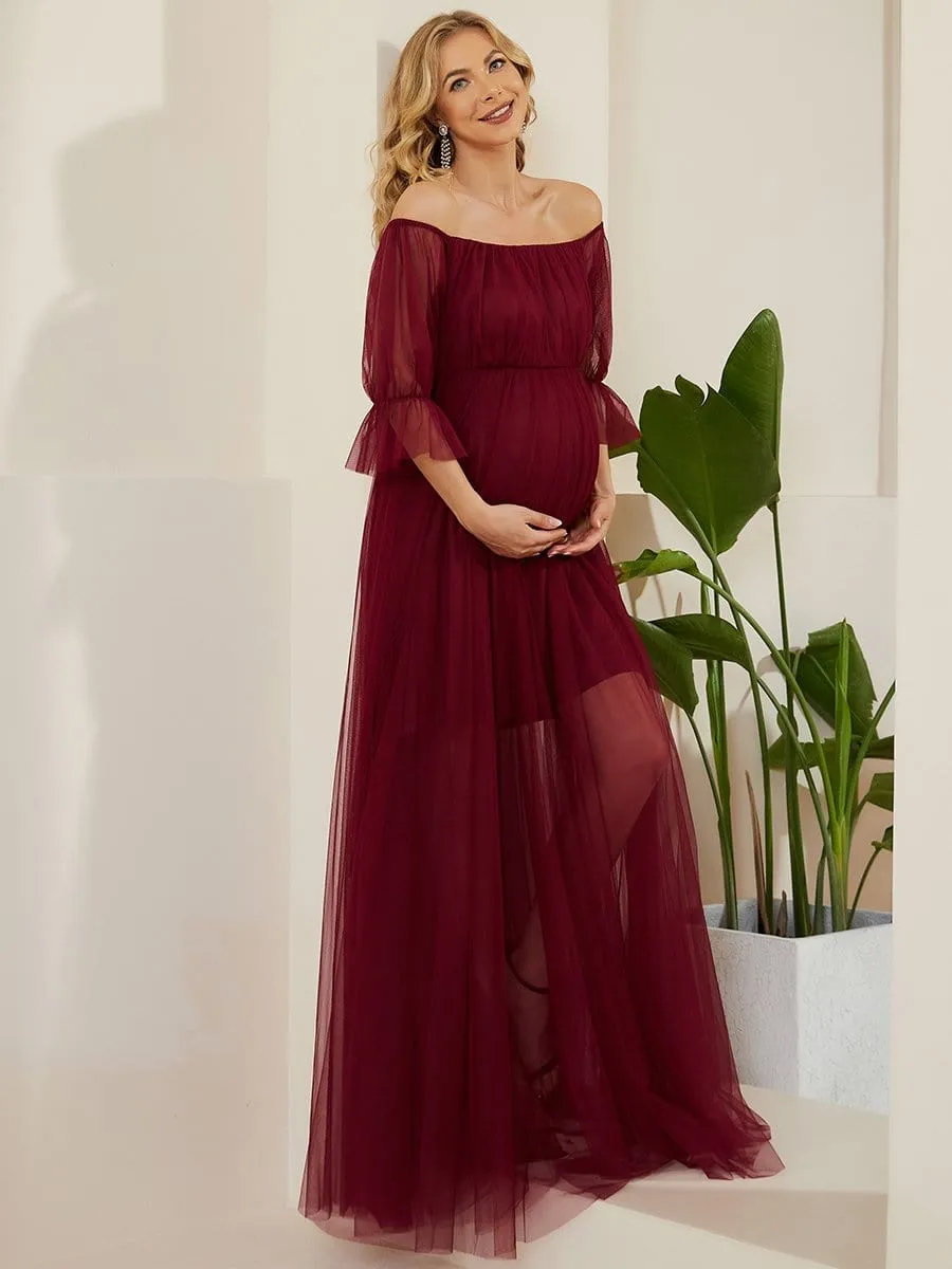 Sheer Off-Shoulder Double Skirt Maxi Maternity Dress