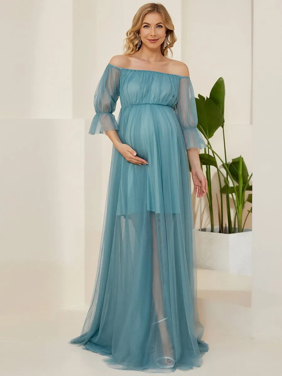 Sheer Off-Shoulder Double Skirt Maxi Maternity Dress