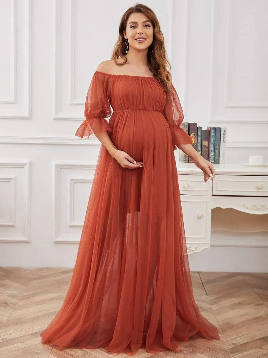 Sheer Off-Shoulder Double Skirt Maxi Maternity Dress