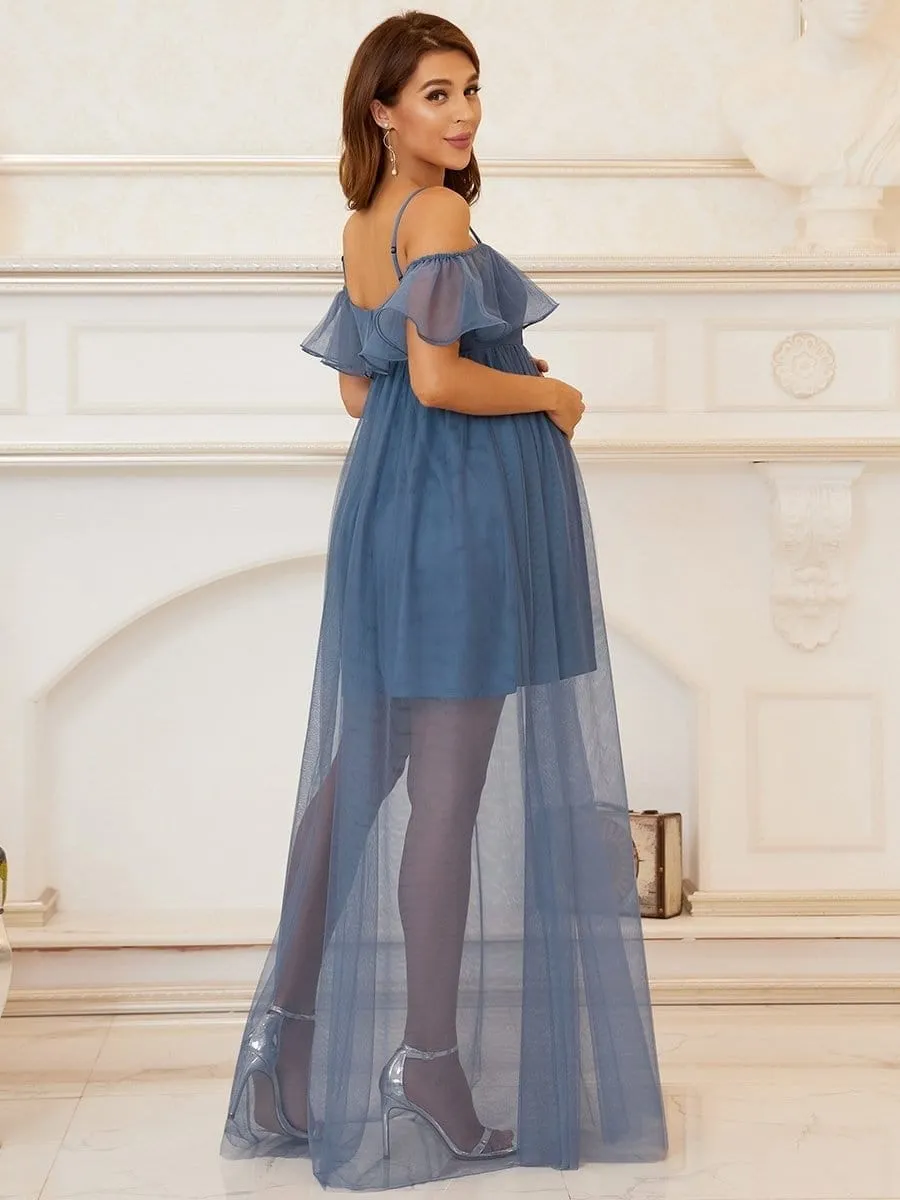 Sheer Ruffle Cold Shoulder Double Skirt Maternity Dress