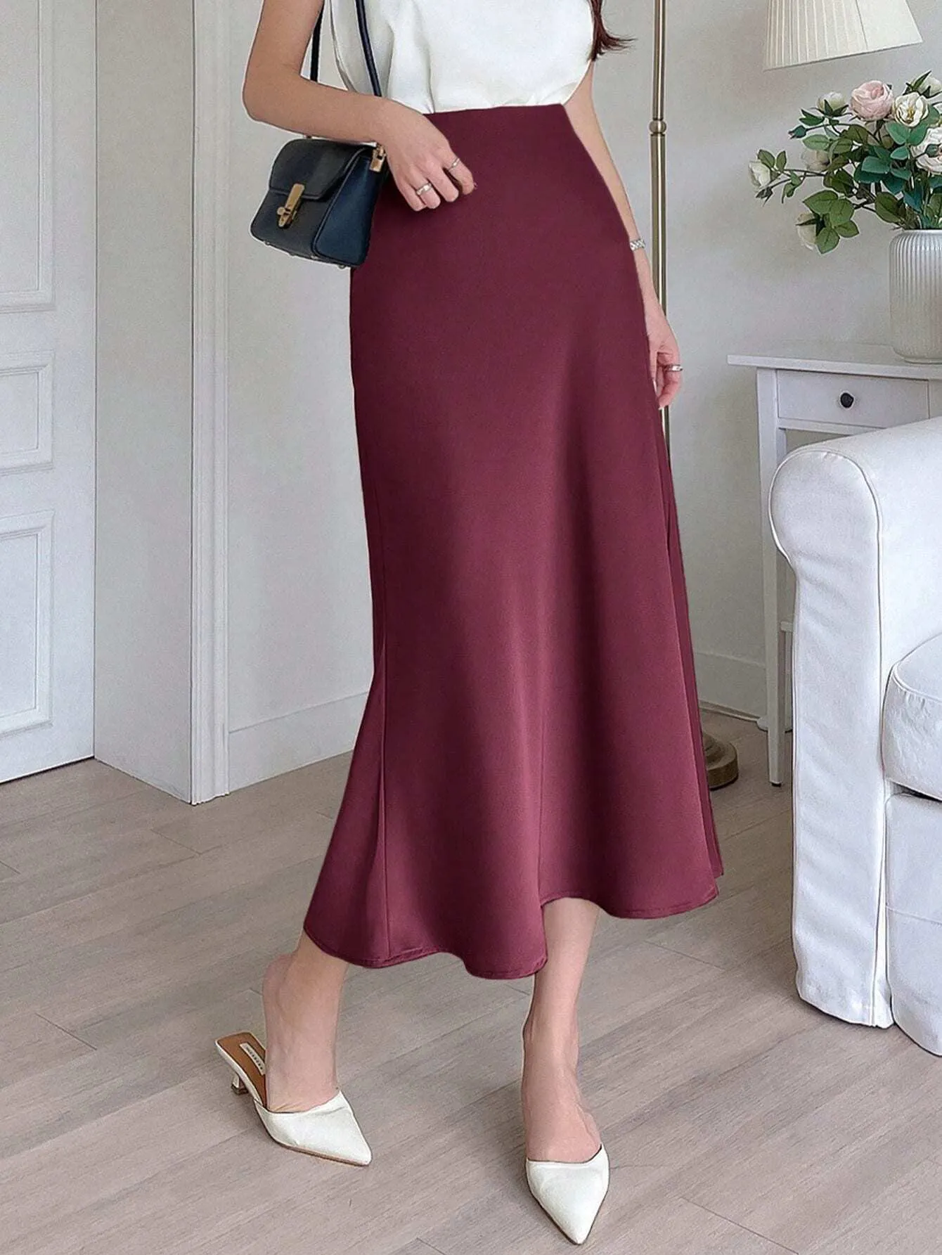 SHEIN DAZY Women Solid Color Mermaid Hem Elegant Maxi Skirt