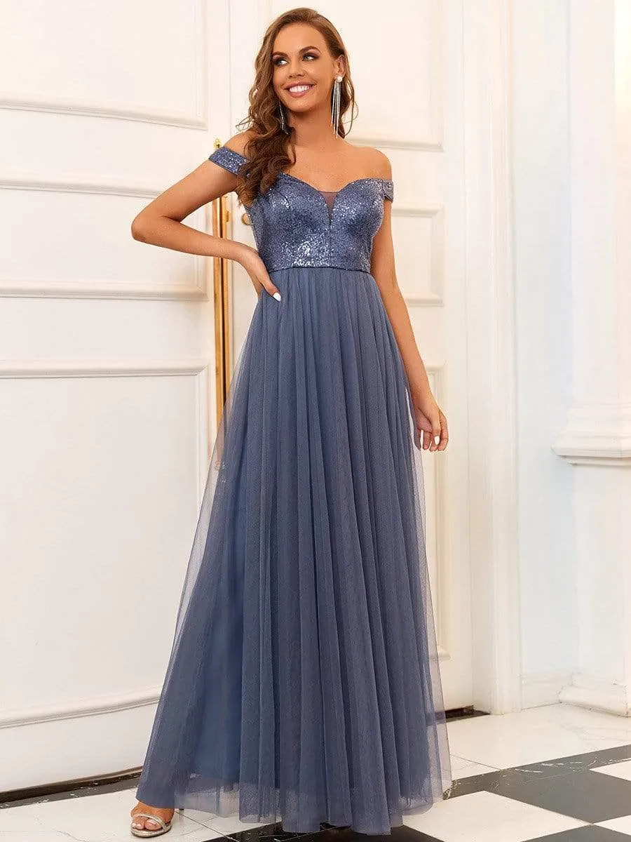 Shiny Sequin Bodice Off the Shoulder Maxi Tulle Evening Dress