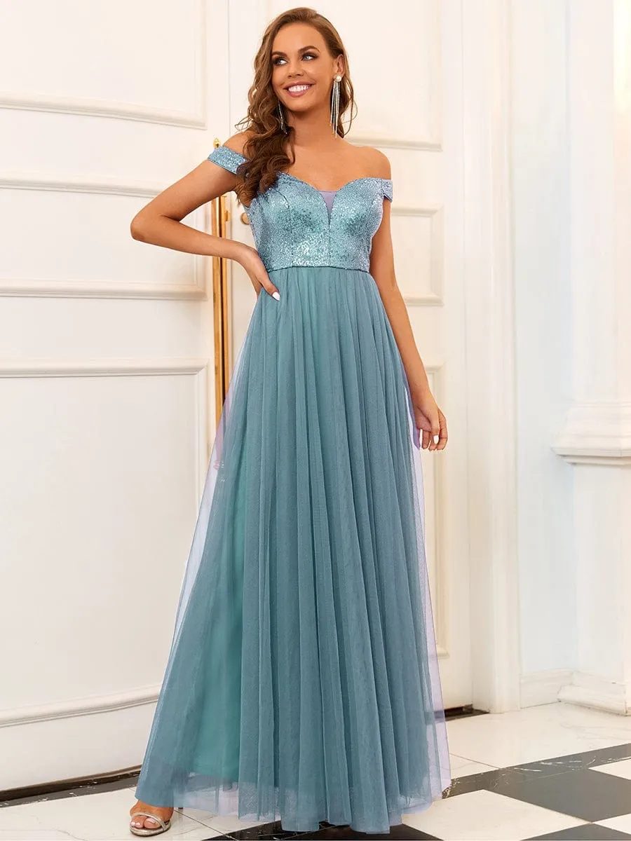 Shiny Sequin Bodice Off the Shoulder Maxi Tulle Evening Dress