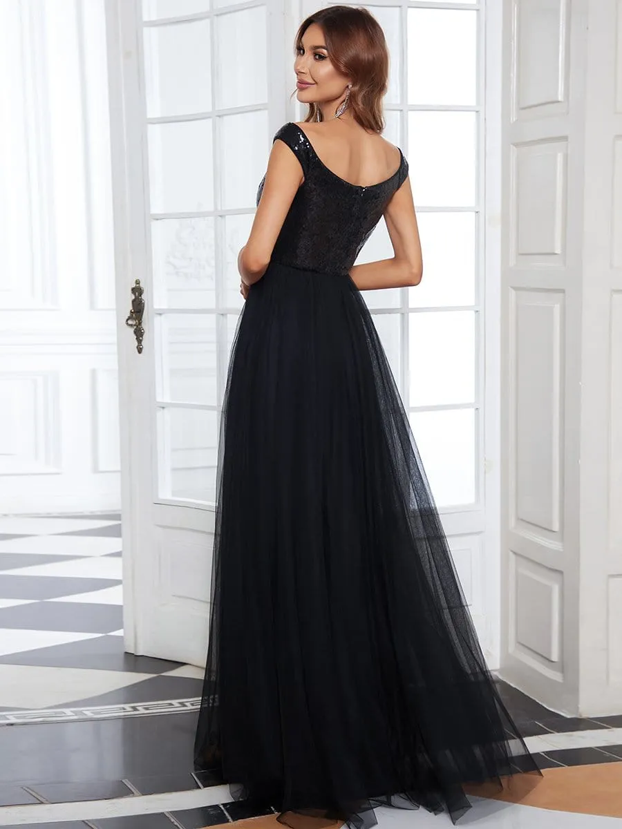 Shiny Sequin Bodice Off the Shoulder Maxi Tulle Evening Dress