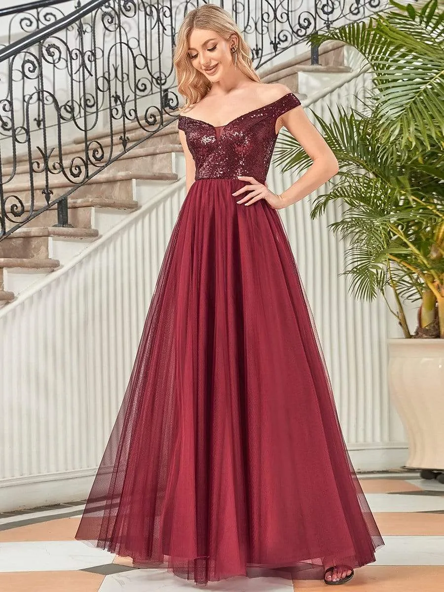 Shiny Sequin Bodice Off the Shoulder Maxi Tulle Evening Dress