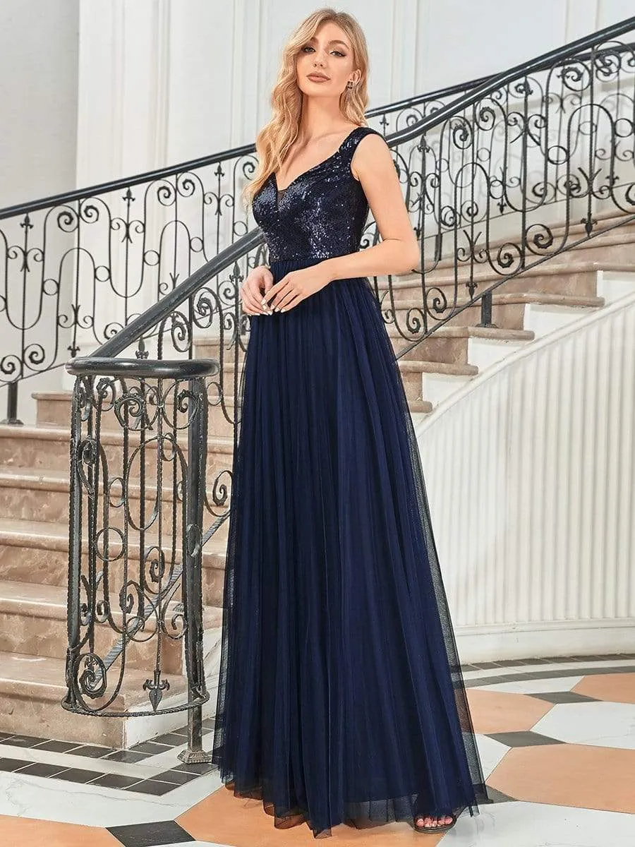 Shiny Sequin Bodice Off the Shoulder Maxi Tulle Evening Dress