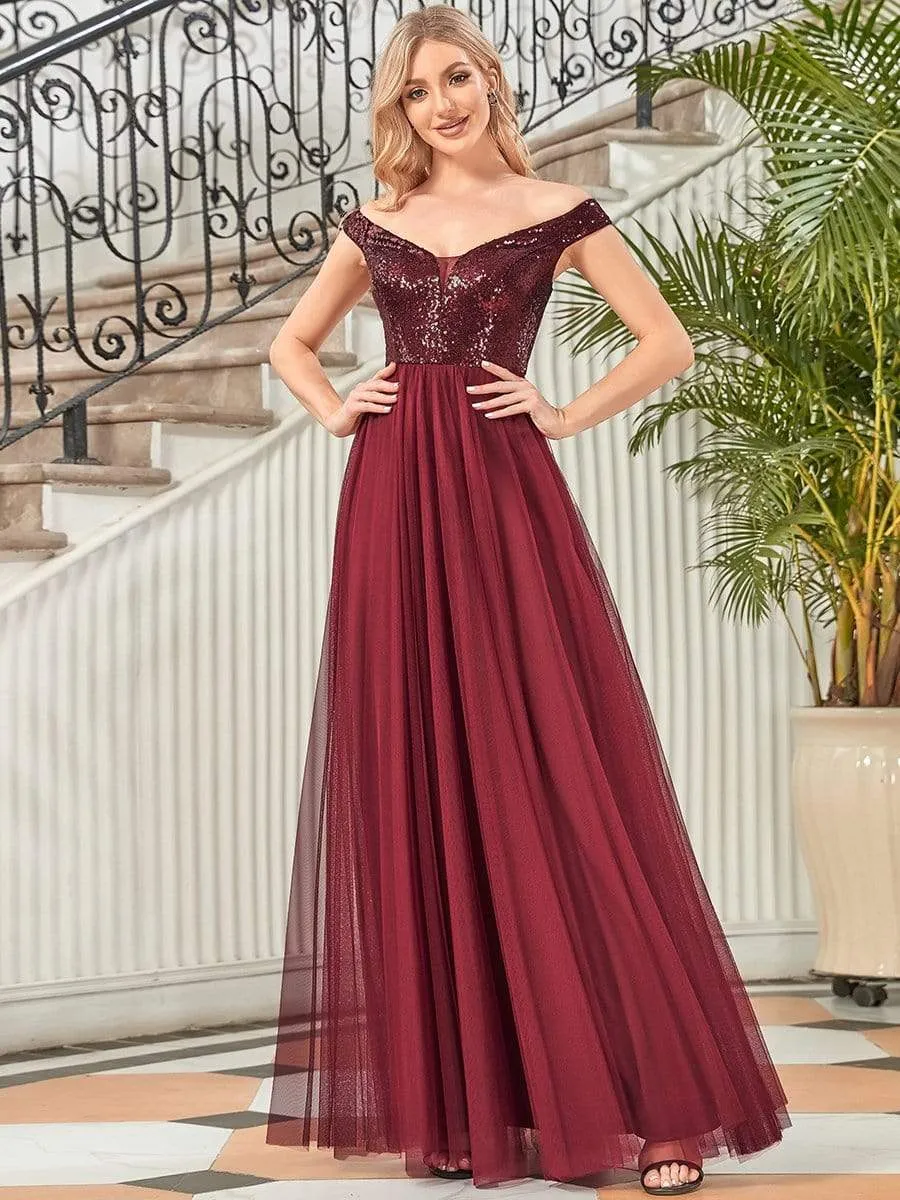 Shiny Sequin Bodice Off the Shoulder Maxi Tulle Evening Dress