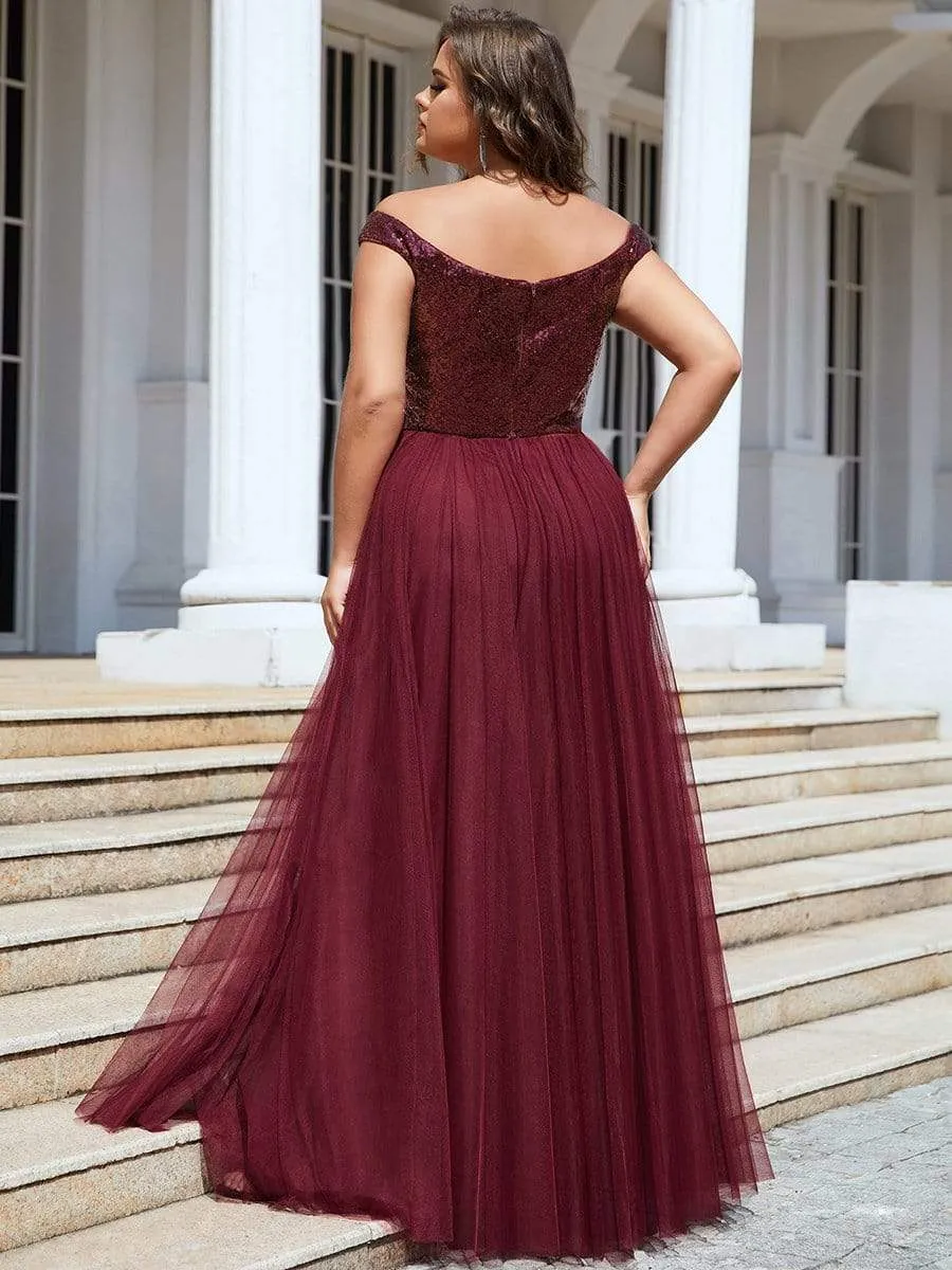 Shiny Sequin Bodice Off the Shoulder Maxi Tulle Evening Dress