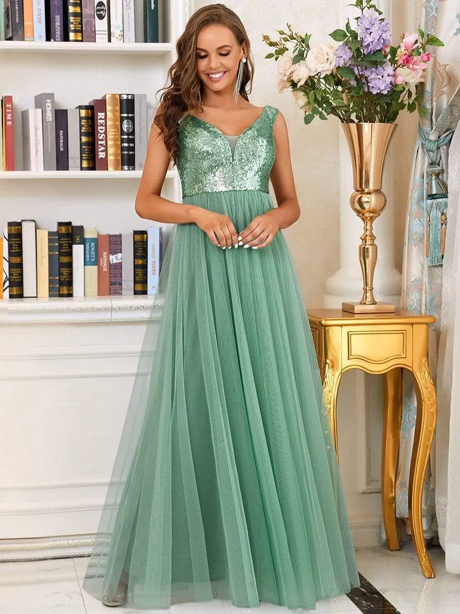 Shiny Sequin Bodice Off the Shoulder Maxi Tulle Evening Dress