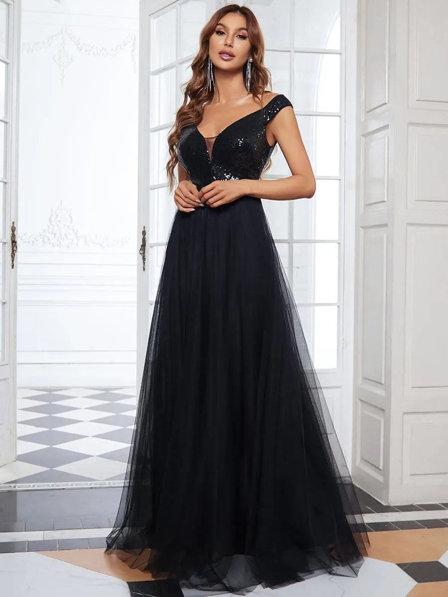 Shiny Sequin Bodice Off the Shoulder Maxi Tulle Evening Dress