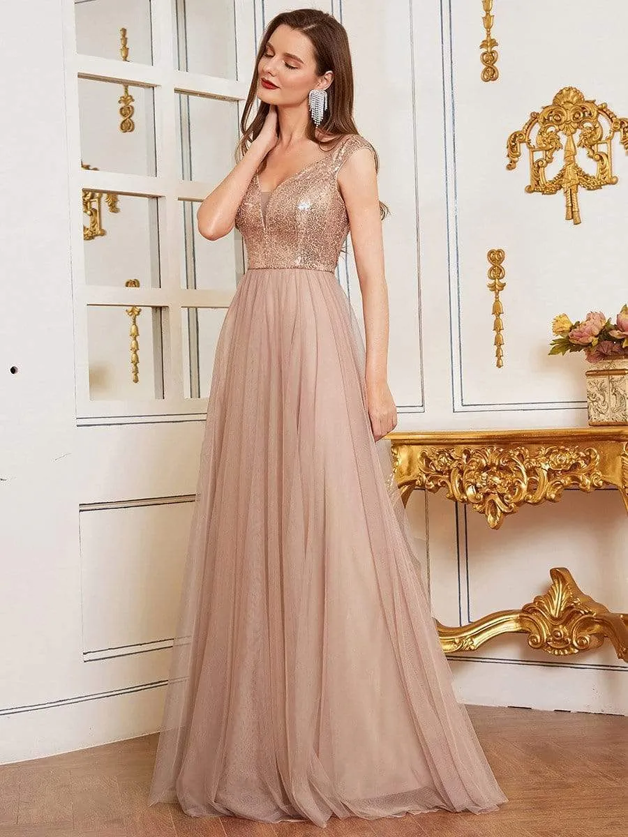 Shiny Sequin Bodice Off the Shoulder Maxi Tulle Evening Dress