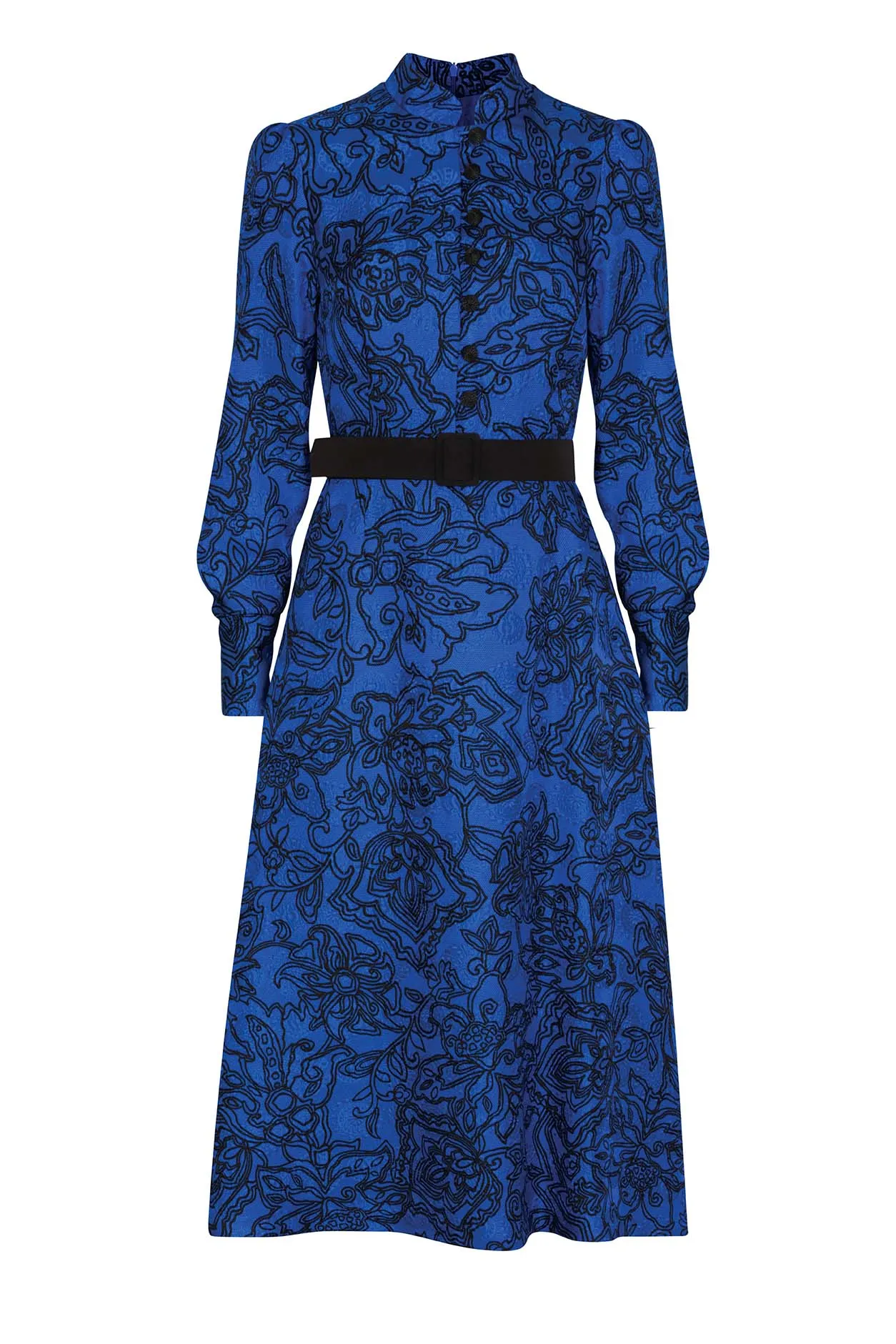 Sill/Wool Printed Matelassé Dress in Blue/Black - Cleo