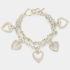 Silver Mother Of Pearl Turquoise Heart Charm Layered Toggle Bracelet