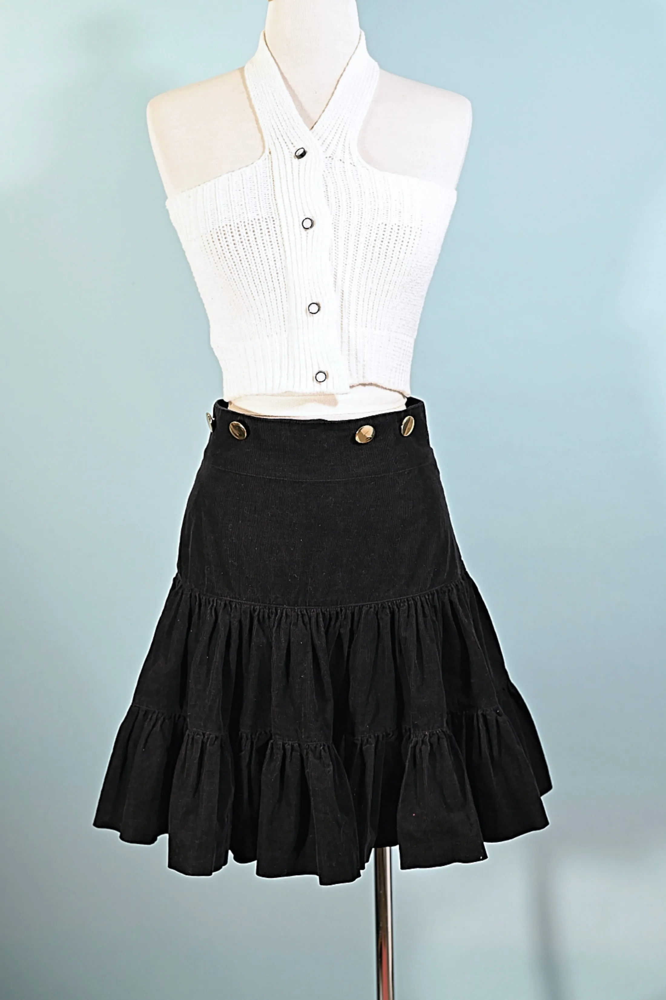 SOLD 90s Betsey Johnson Black Corduroy Flare Skirt SZ 4