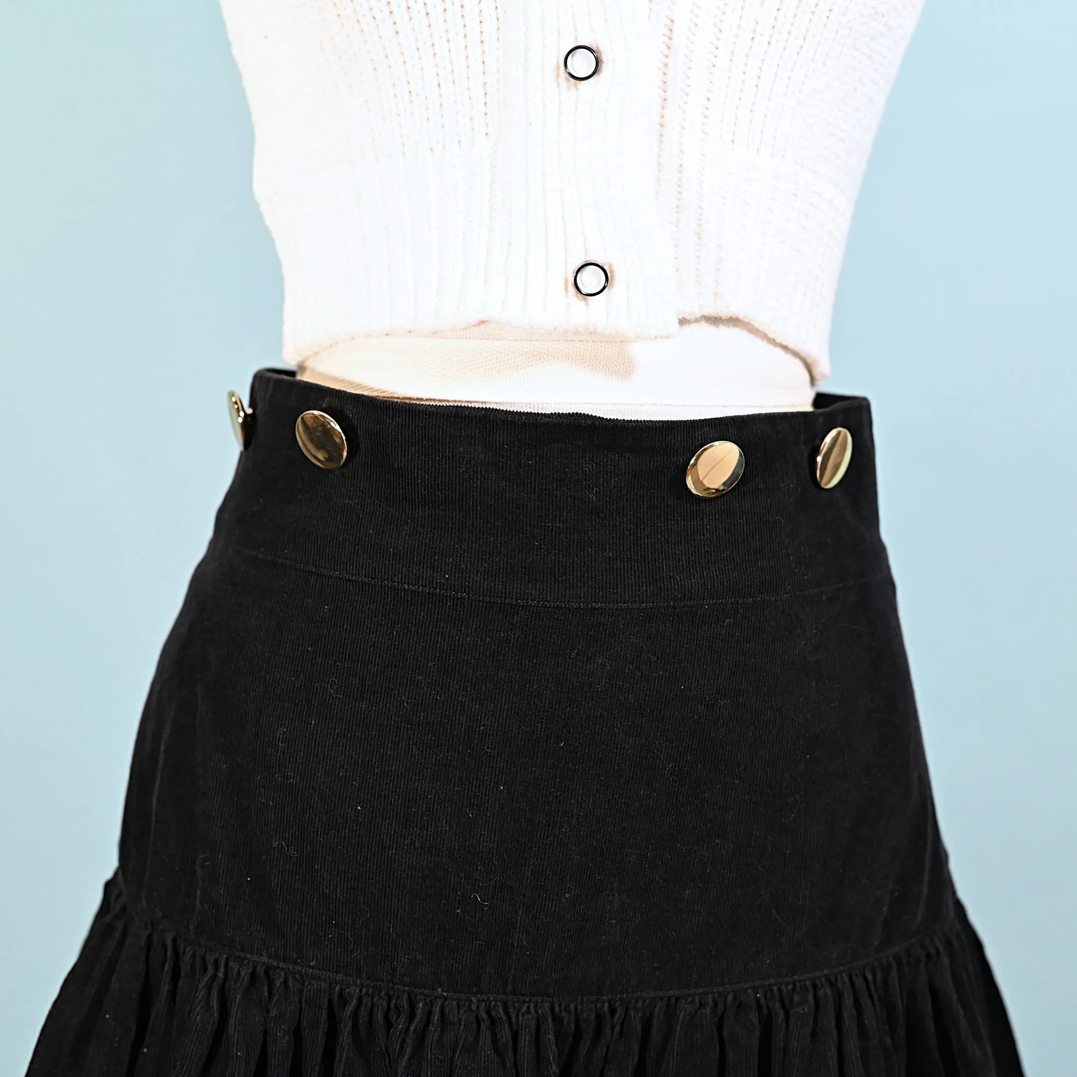 SOLD 90s Betsey Johnson Black Corduroy Flare Skirt SZ 4