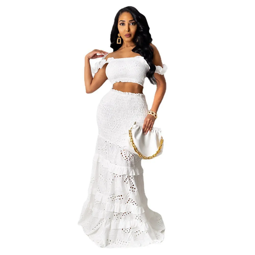 Spring And Summer Two-Piece Set Wrapped Chest Fishtail Mid-Waist Lace Maxi Dress