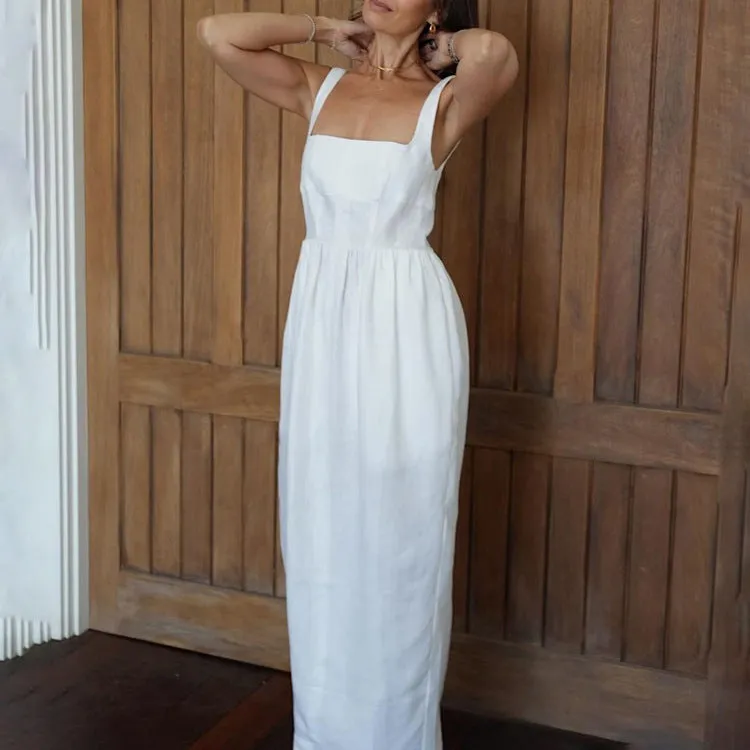 Spring Summer White Cami Dress Women Casual Fold Split A line Long Dress