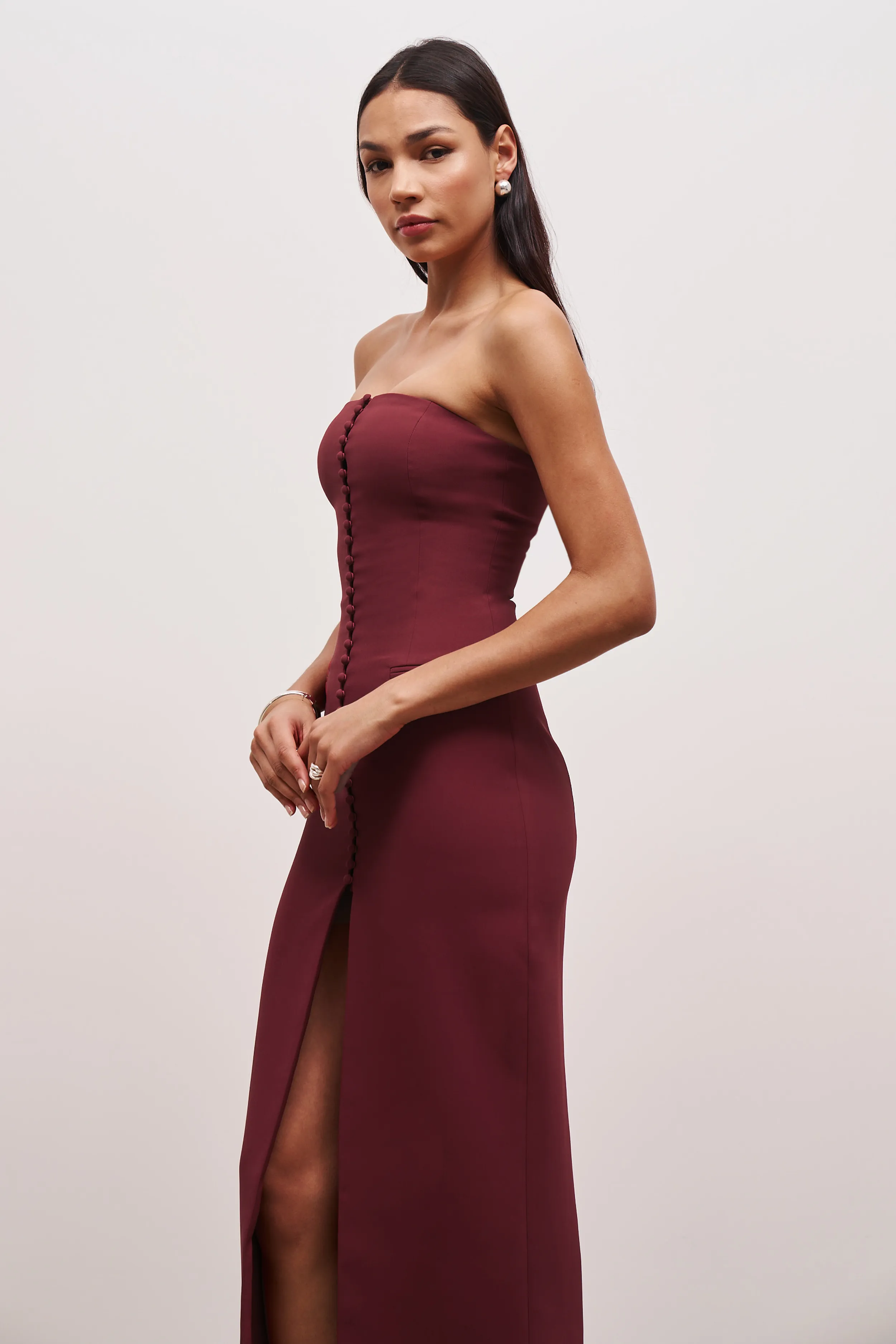 Strapless Peplum Maxi Dress - Burgundy