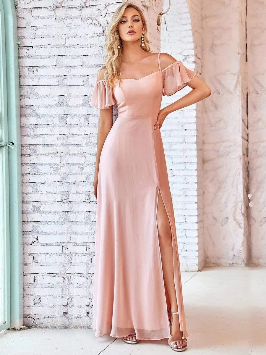 Stylish Cold Shoulder Flare Sleeves Flowy Bridesmaid Dress